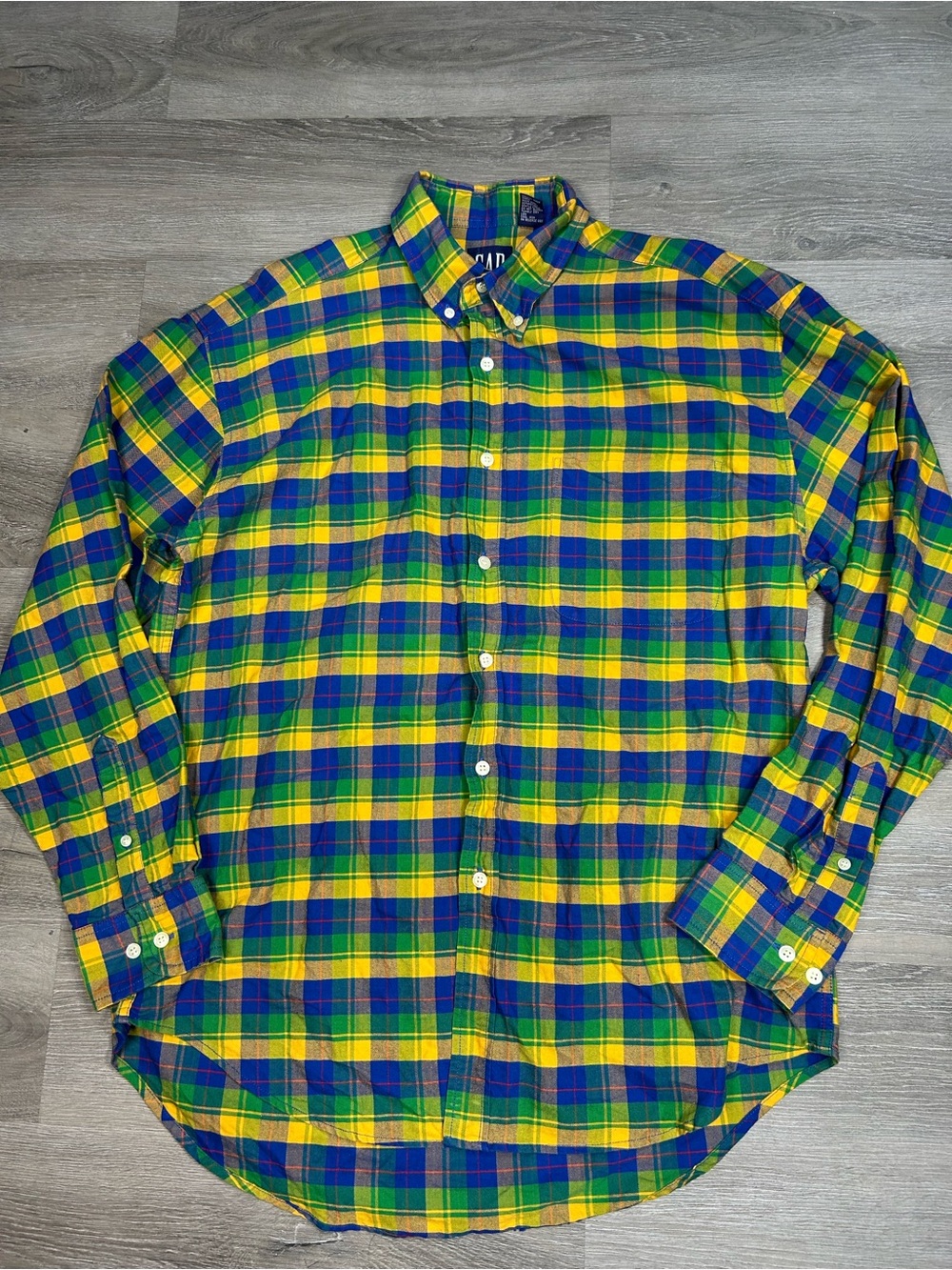 GAP Blue Green And Yellow Button Down Flannel Sz L 100% Cotton
